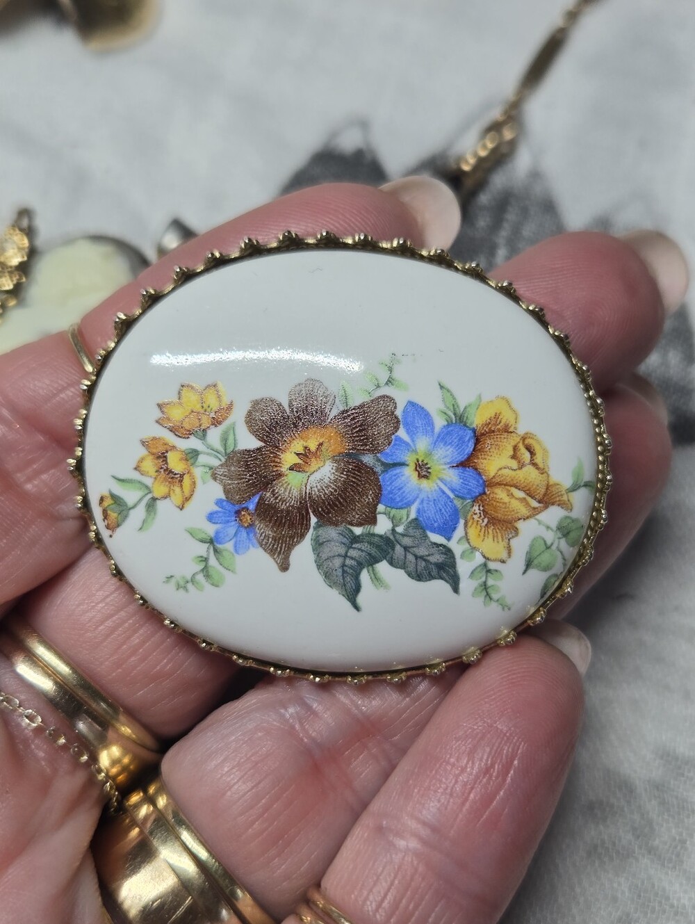 Floral Porcelain Oval Brooch - Yellow, Brown, Blue
